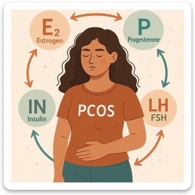 modern illustration of a woman with PCOS surrounded by hormone symbols (estrogen, progesterone, insulin, LH, FSH), arrows showing balance and interaction among them, harmonious colors, light background sticker
