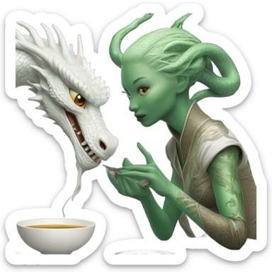 Photo realistic, alien female green,  on white china dragon infinite story sticker
