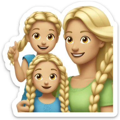 An emoji of a blonde mother with very long hair and a cheerful expression, standing next to her 3-year-old daughter, a small girl with black hair styled in two braids, both smiling happily together sticker