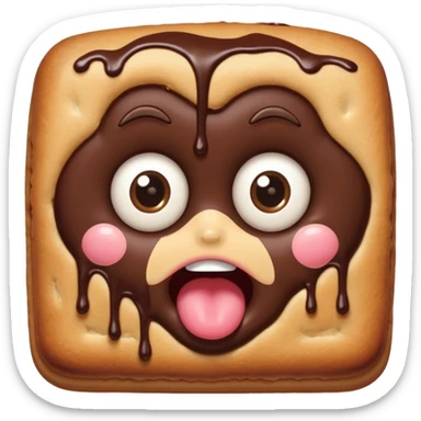 Rectangular chocolate mini pastry, slightly messy and squished, chocolate dripping, big round eyes, wide open mouth, playful surprised expression, text above: "ПАСТИЧКА", chibi style, Twitch emoji style, transparent background, colorful

 sticker