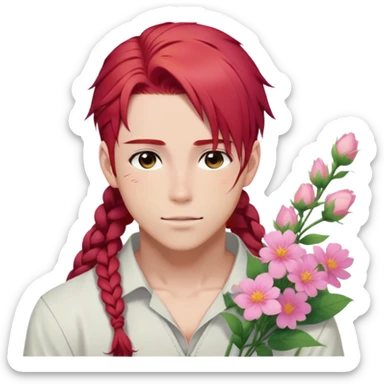 red hair with a thin side braid anime style handsome sexy gojo guy with blushing face and flowers aesthetic trending style outside sticker