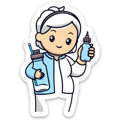 Mom holding milk bottle and vaccine syringe sticker