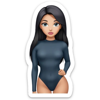 Glamours, tanned, very beautiful girl, with big pump peach-beige-rose lips, long long lashes, black straight smooth silky long hair, straight parting hair, blue-grey eyes in black long-sleeves bodysuit sticker