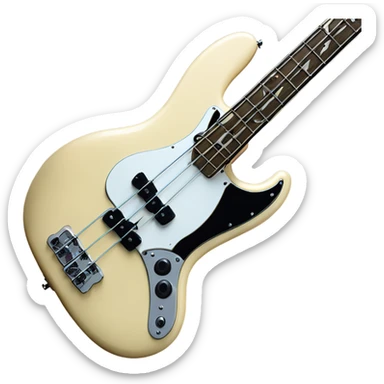 Cream colored fender fretless jazz bass with white pearloid pick guard sticker