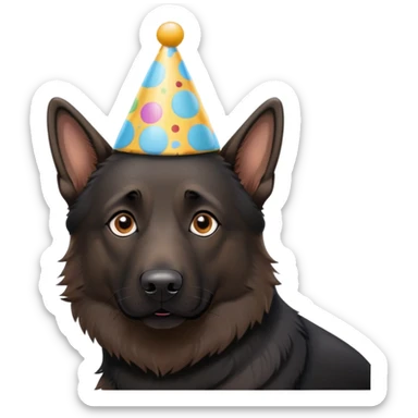 Black German shepherd with a birthday hat sticker