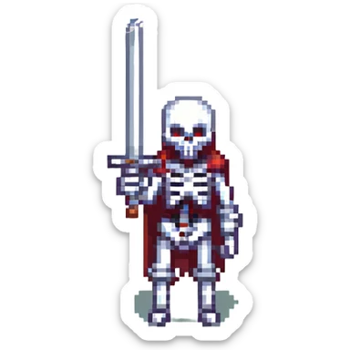 skeleton holding a sword, pixel art style sticker