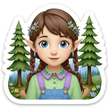 Kind happy whimsical quirky Girl toymaker, wood carving elf. Woodland nature creator. Blue eyes. brown hair (short — inch longer than chin length) wavy hair & bangs. Whimsical playful cute. Overalls with nature embroidered cute shirt collar. Light green, light purple and light blue colour aesthetic  sticker