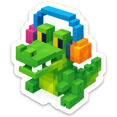 voxel style crocodile with colorful headphones, isometric view sticker
