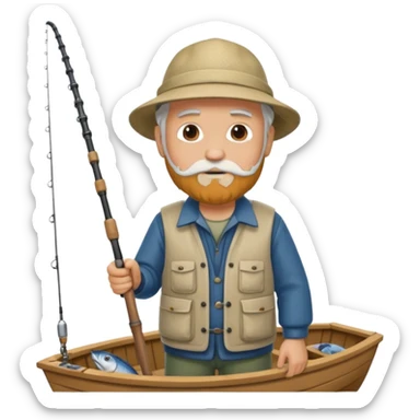 an old white haired, bearded man in fisherman attire, stood in a boat at sea, holding a fishing rod and catching fish with it. sticker