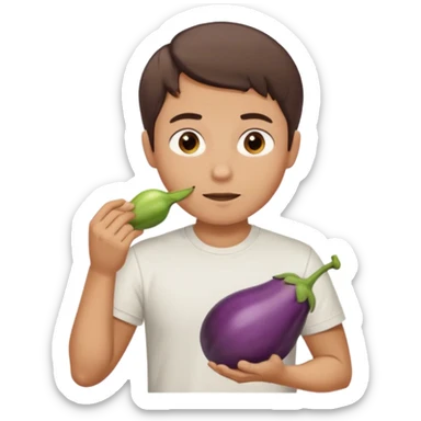 Guy with brown middle parted short hair in white t shirt eat an eggplant  sticker