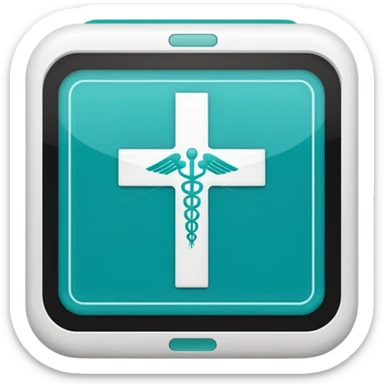 Emoji-style icon of a medical cross inside a scan frame with data lines, symbolizing AI disease detection. Simple emoji design, teal and white theme, no text, transparent background. sticker