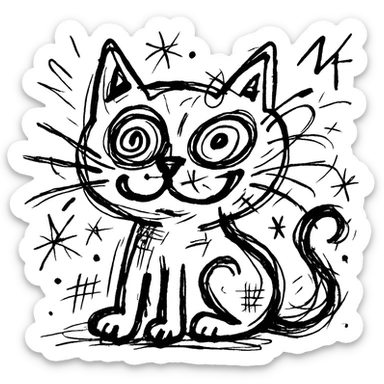 chaotic outlined icon of a cat with exaggerated, wild features sticker