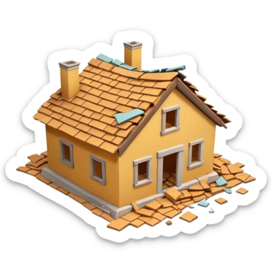 3D iPhone style emoji of a collapsed house, broken walls and roof pieces scattered, debris and ruins visible, isolated on white background, soft shadows, high detail, playful and cute. sticker