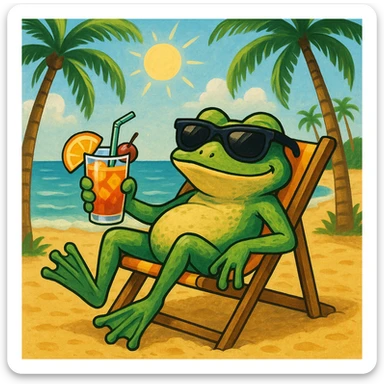 cool frog wearing sunglasses, drinking a mai tai, laying in a beach chair on the sand, tropical beach scene sticker