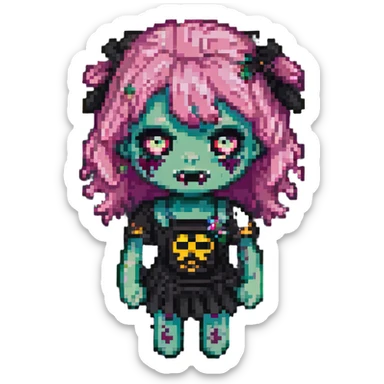 girl zombie with pink hair and bangs, pixel art style, cute expression sticker