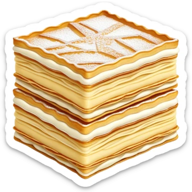 Cinematic delicate mille-feuille, thin crispy pastry layers filled with smooth vanilla cream, dusted with powdered sugar, elegant presentation, highly detailed and sophisticated. sticker