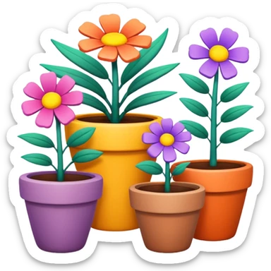 flower pots object icon, colorful plant pots with blooming flowers, ceramic and clay textures, vibrant garden vibe, 3D cartoon style, mobile game icon style, centered composition, clean background, no text, no watermark
 sticker