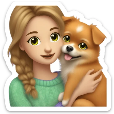 highlighted hair girl with blue green eyes, hugs her orange pomeranian puppy, wearing cute lilac sweater sticker