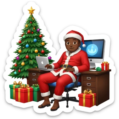 Informaticien homme noir full-body, week-end détente, assis à son bureau moderne avec ordinateur affichant du code.. À côté de lui, le Père Noël souriant, sapin illuminé et cadeaux autour. sticker