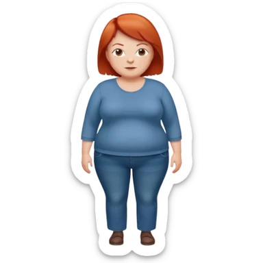 Lazy old Short woman with straight short red hair and fat tummy..wears business casual jeams and full sleeve  tshirt sticker