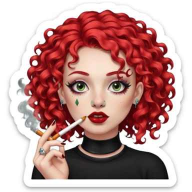 bright red curly hair alt girl with dark makeup and gauged septum, eyebrow and nose piercings smoking weed sticker