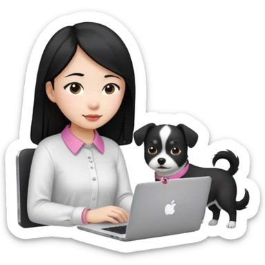 Blue back ground, Asian girl with long black hair , wearing a white shirt, working on an Apple laptop, next to her is a small black and white dog with pink collar on  sticker