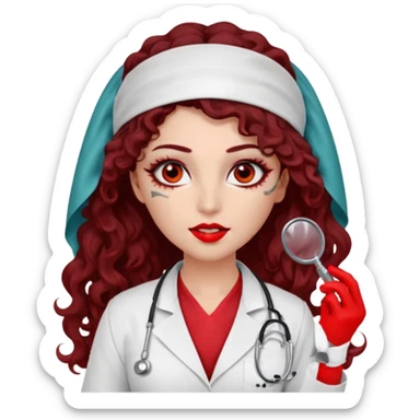 Lilith scalpel in hand, evil surgeon outfit.  She has red eyes. She has dark brown curly hair. Hair is long . Wears sexy doctor outfit with red gloves. Covers nose, neck and mouth with Muslims  sticker