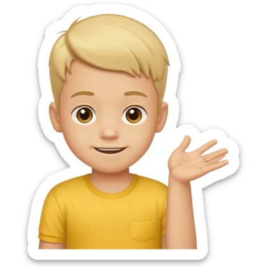 boy with baby hair cut shrugging his shoulder, wearing yellow shirt and smile sticker