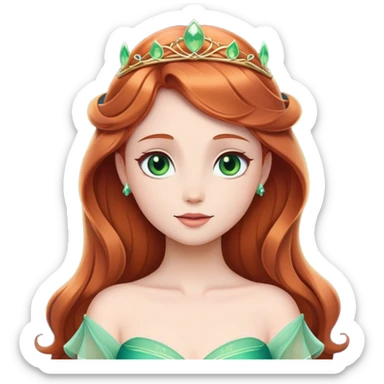 Cinematic Timeless Sleeping Beauty Portrait Emoji, rendered in a clean, vector style. Depict Aurora with delicate porcelain skin, elegantly arranged auburn hair, and a serene, graceful expression, dressed in her iconic gown. The design features bold, simplified shapes, a soft, enchanting glow, and a subtle glowing outline, capturing her timeless, fairy-tale beauty. sticker