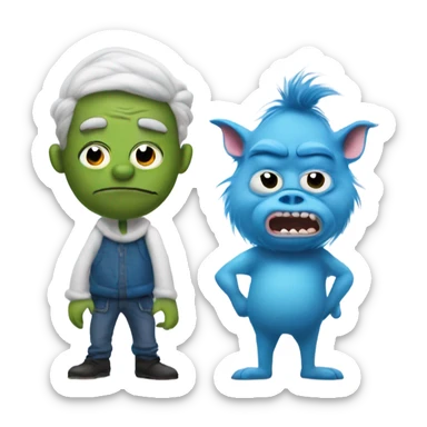 A blue grinch and pig man standing cool  sticker