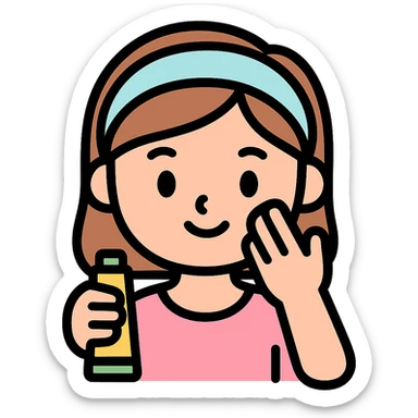 preppy girl applying skincare, pastel colors, headband, cheerful expression sticker