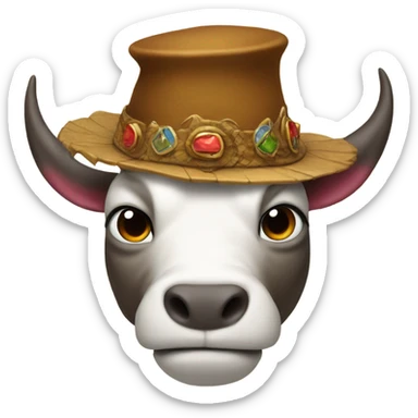 A dragon wearing a hat with a picture of a buffalo on it sticker