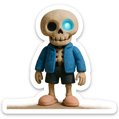 short skeleton with blue jacket, black basketball shorts, light pink slippers, blue glowing left eye sticker