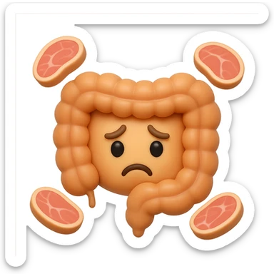 emoji stile iphone in 3d di un intestino triste con fette di carne che gli fluttuano intorno sticker