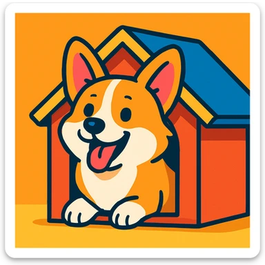 a happy corgi with its head sticking out of a dog house, vibrant toon style, cartoonish, colorful sticker