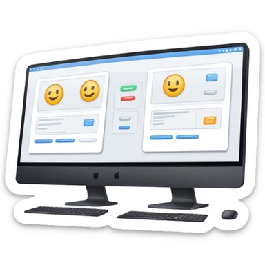 Create an emoji for UX/UI design. Show two large curved monitors side by side, displaying wireframe sketches or design mockups with interface elements like buttons, sliders, and icons. Use modern, professional colors. Do not include any emojis or smiley faces. Make the background transparent. sticker