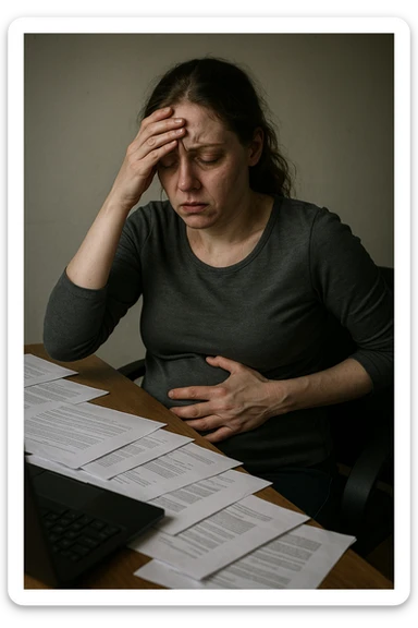 Empathetic photorealistic shot of a woman at her desk, overwhelmed by work. One hand is pressed against her forehead, the other grips her painful, bloated abdomen. Papers are scattered around her. The lighting is harsh and unflattering, emphasizing her pale complexion and the dark circles under her eyes. sticker