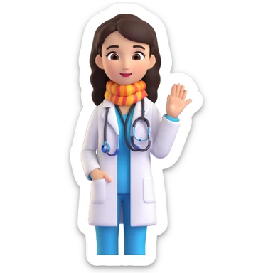 cute Mexican doctor girl, waving, stethoscope around neck, wearing white coat, bright scarf, 3D cartoon style sticker
