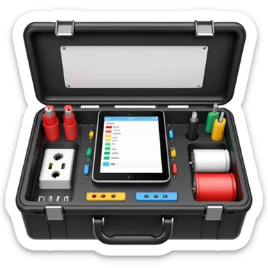 An open black hard-shell test case, inside: technical control panel, a power outlet, USB port, and colored test sockets. A large roll of white test labels lies next to the equipment, along with one red test probe. sticker