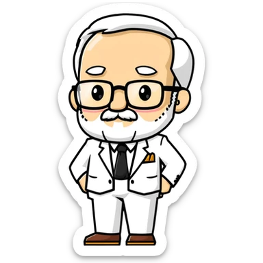 Colonel Sanders, old white man with square glasses, white goatee beard, white suit, KFC founder sticker