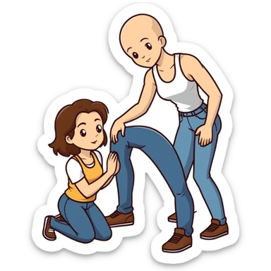  One Caucasian woman with brown hair, big boobs, wearing pants and a tank top, kneeling on the ground. A bald man is standing beside her with his jeans open sticker