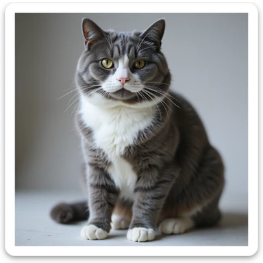 a realistic sitting cat, white nose and underbelly, gray fur, lifelike details, photorealistic style sticker