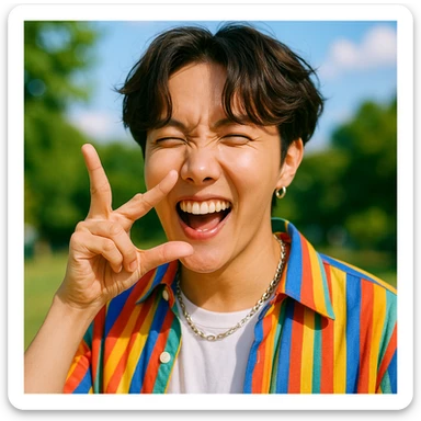 J-hope with a playful expression, making a unique hand gesture, matching the natural and vibrant style of the reference images sticker