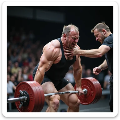 European powerlifter during deadlift, suddenly bending with hand on back, intense pain expression, coach rushing to help, emergency atmosphere, realistic details, competition background. sticker