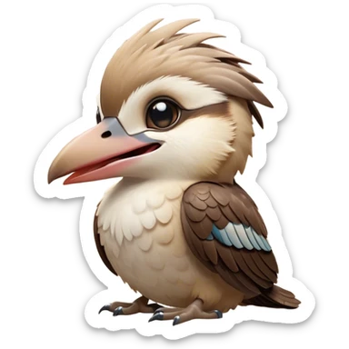 Cinematic Cute Yawning Kookaburra Portrait Emoji, Head tilted slightly with a dramatic, wide-open yawn, showcasing a soft, downy brown plumage with gently drooping wings and a relaxed beak, round eyes barely open in drowsy contentment, Simplified yet irresistibly adorable features, highly detailed, glowing with a soft, cozy glow, high shine, relaxed yet expressive, stylized with a touch of bushland charm, bright and endearing, soft glowing outline, capturing the essence of a sleepy yet affectionate kookaburra, so drowsy it feels like it could flutter out of the screen and curl up for a nap! sticker