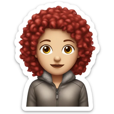White Girl with deep red long curly hair wearing a fuzzy jacket sticker
