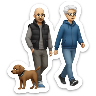 Bald man with glasses, wearing gray sweatpants and a black T-shirt and a blue puffy vest walking a small brown dog sticker