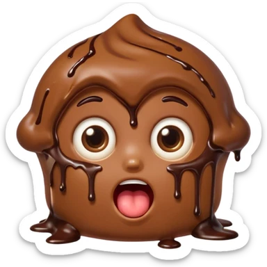 Funny cartoon chocolate mini pastry, wide shocked eyes, messy chocolate dripping, open mouth, chibi style, Twitch emoji style, transparent background, colorful
 sticker