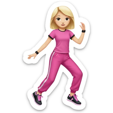 Hiphop dancer, with cute big pants, sneakers, and t-shirt. White girl blond. Coloufull shirt. No pocket pants. Dancing. No orange. Pink and black sticker