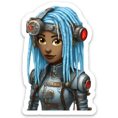 Light blue long dreadlocks female cyborg head with red steampunk goggles and circuits sticker